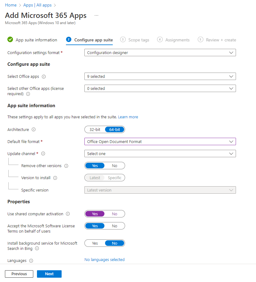 Configure app suite using the configuration designer